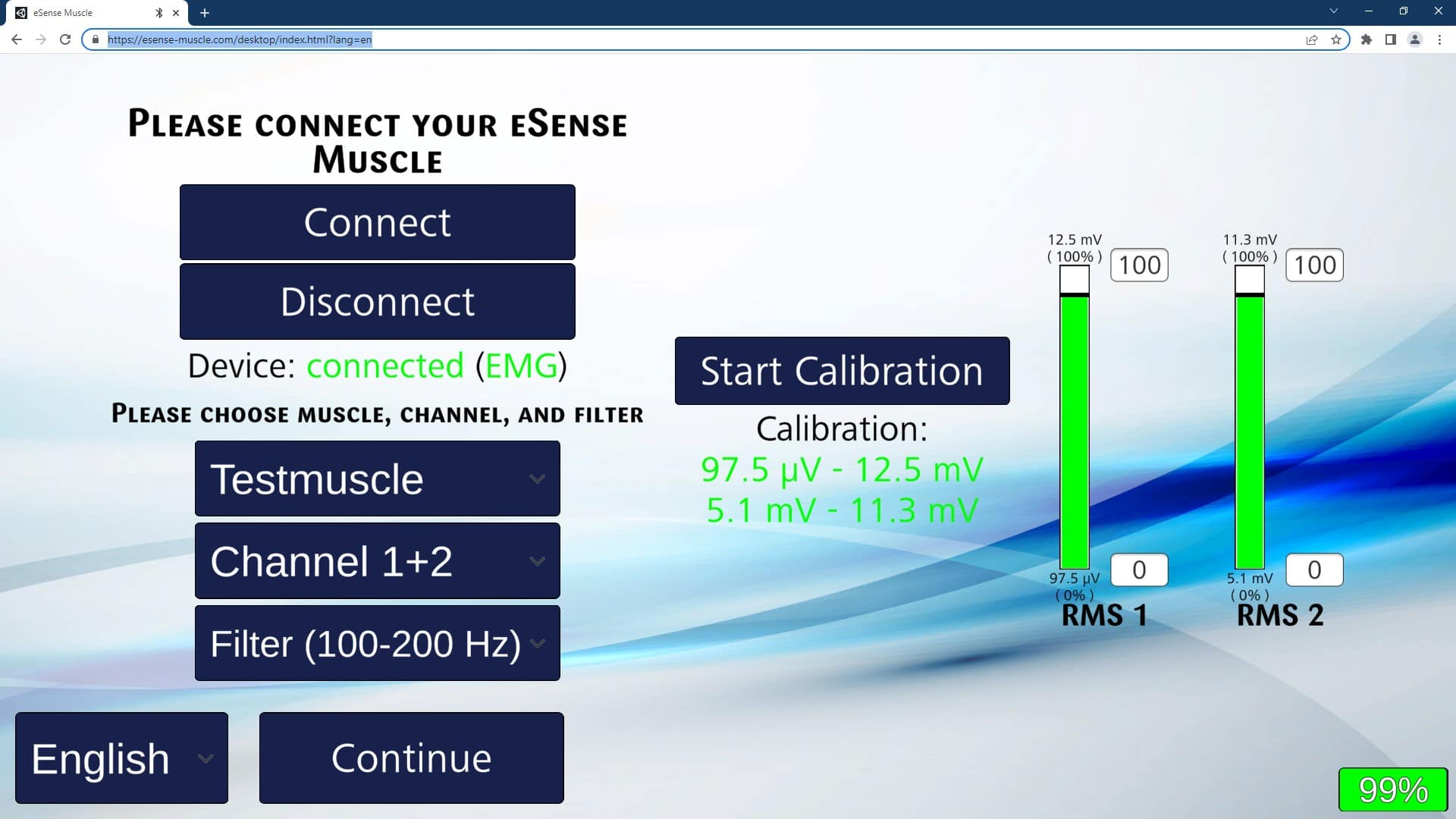 eSense Muscle Web App - Analysis Screen