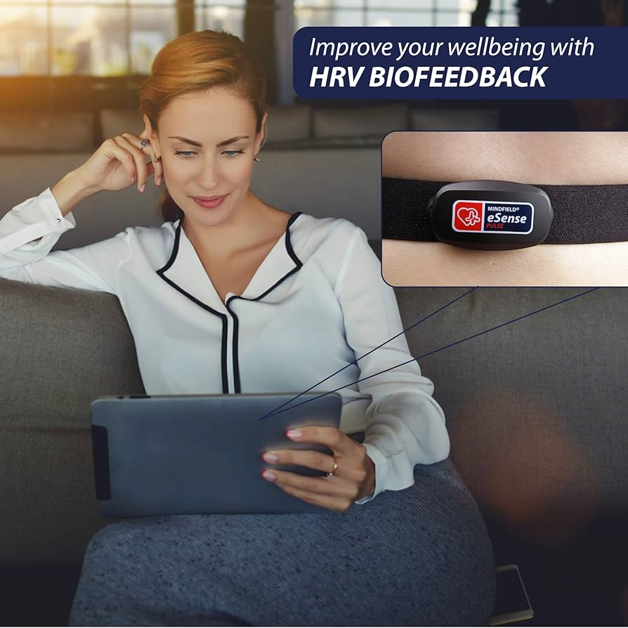 Professional using eSense Pulse HRV biofeedback training on tablet at home