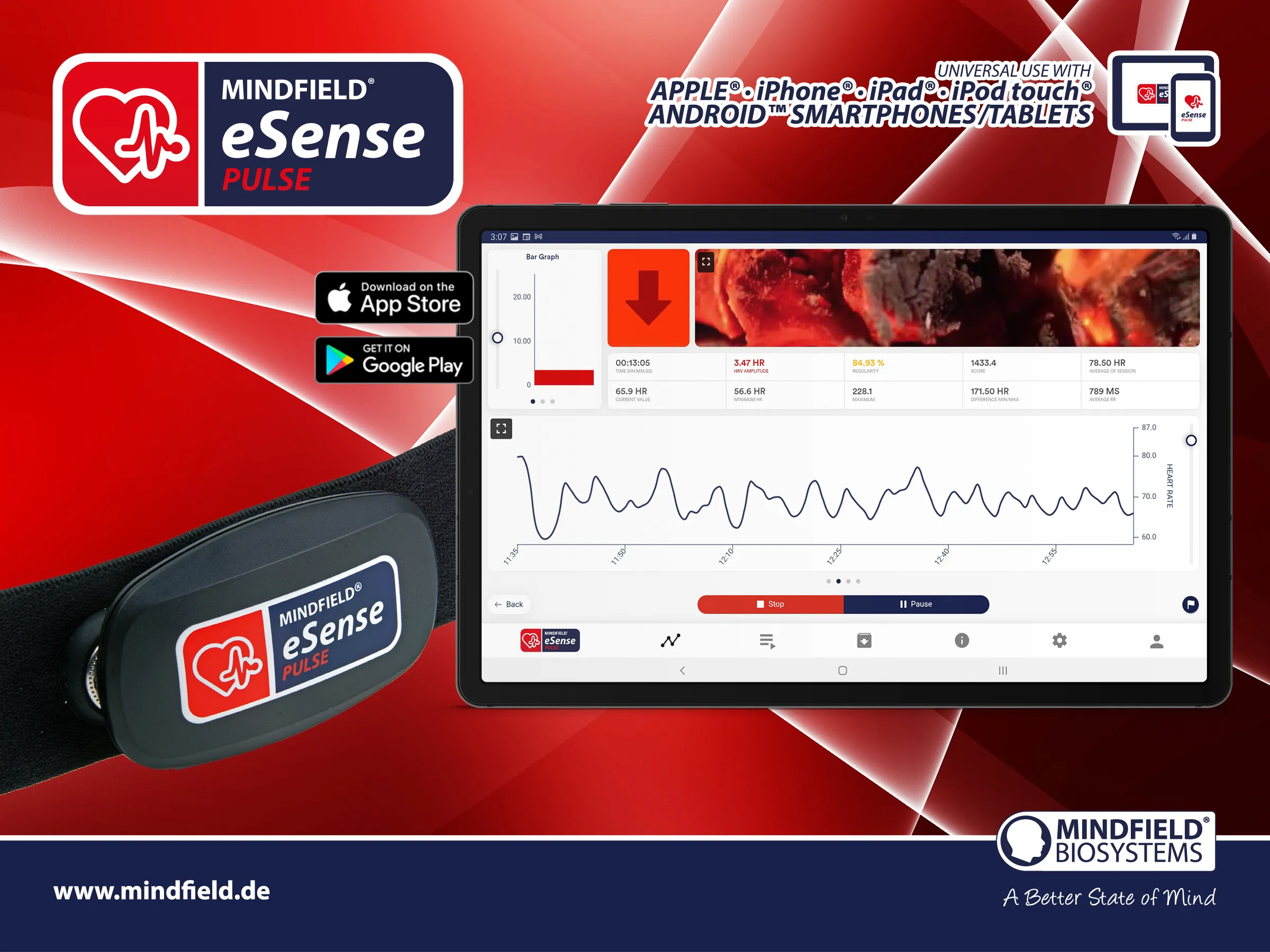 HRV biofeedback training interface showing time-domain and frequency-domain analysis